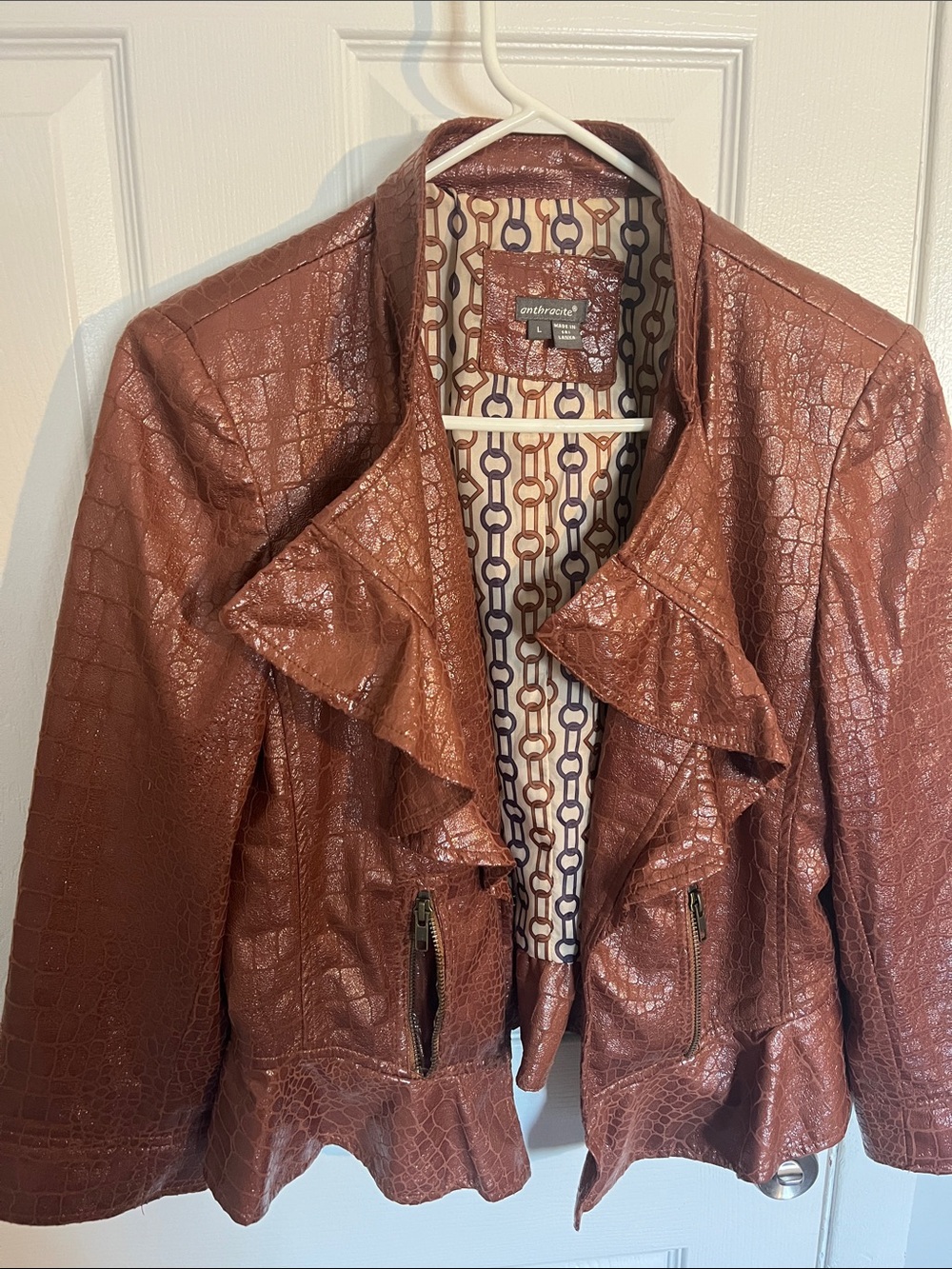 Anthracite vintage Copper-Brown Croc-Embossed Ruffle Faux Leather Jacket size L